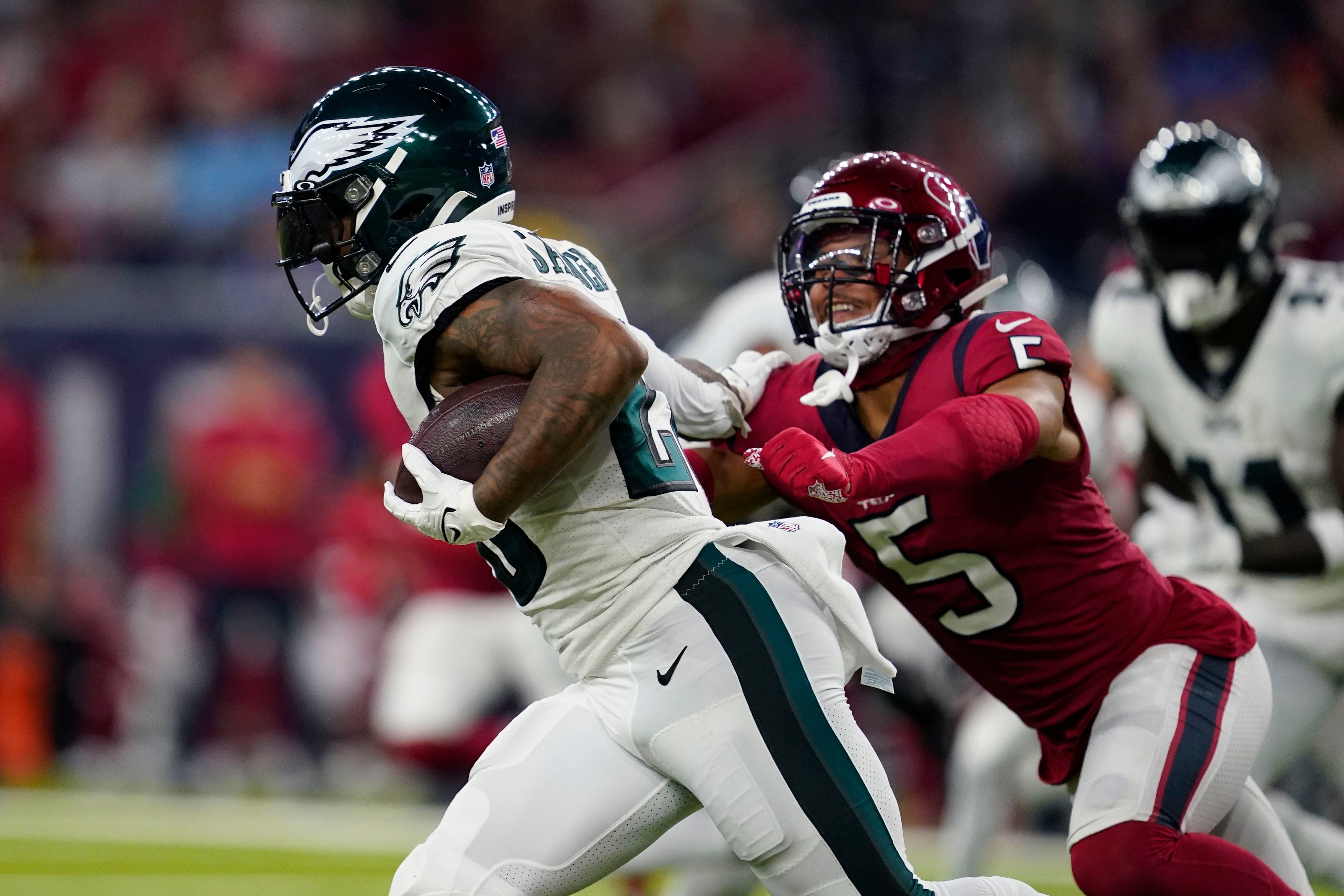 November 3, 2022: Philadelphia Eagles running back Miles Sanders (26)  carries the ball during an NFL game between the Texans and the Eagles on  Nov. 3, 2022, in Houston. The Eagles won