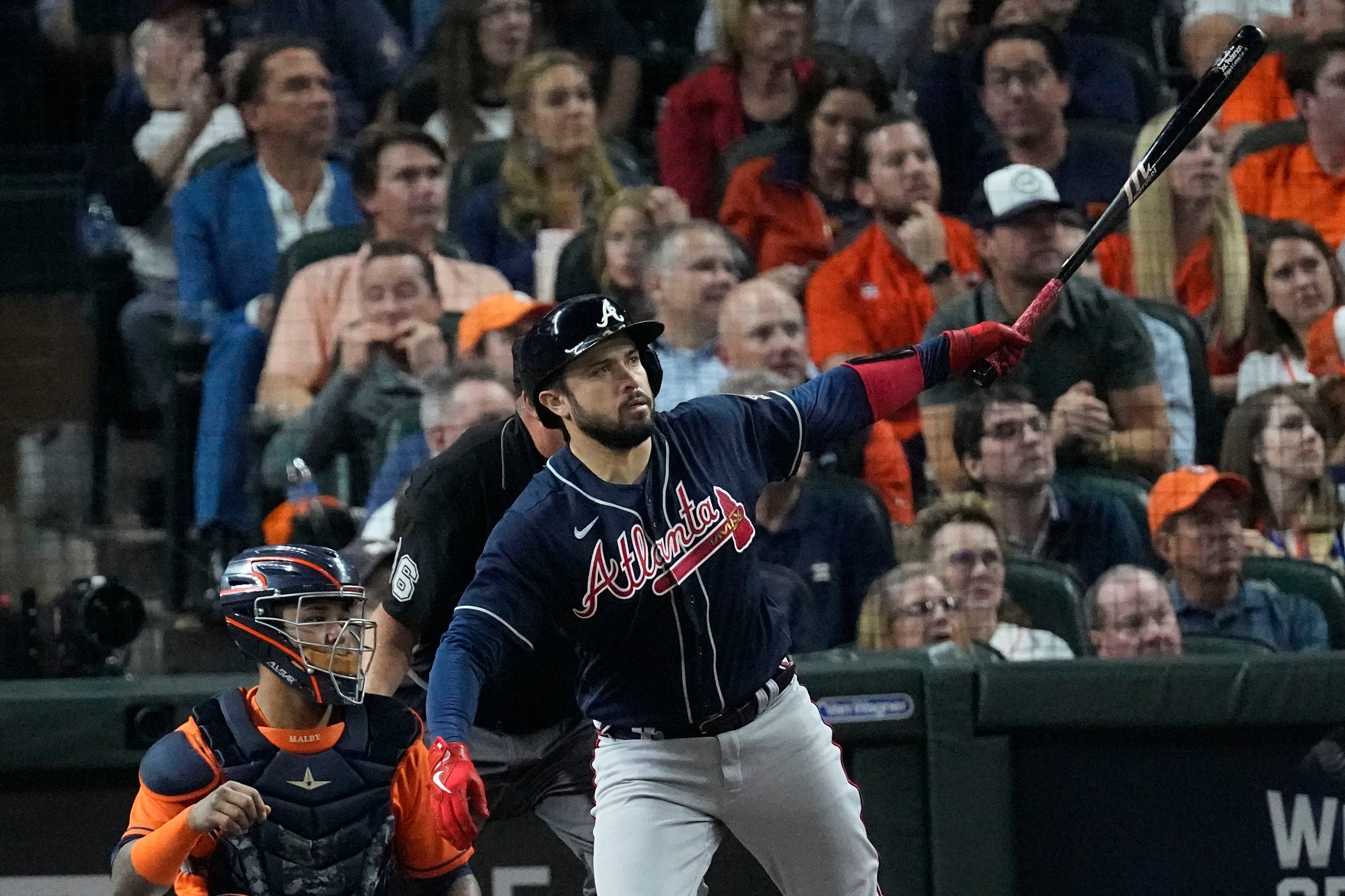 Houston, USA. 27th Oct, 2021. Houston Astros Jose Altuve celebrates with Michael  Brantley after hitting a solo home run to give the Astros a 7-2 lead in the  7th inning of game