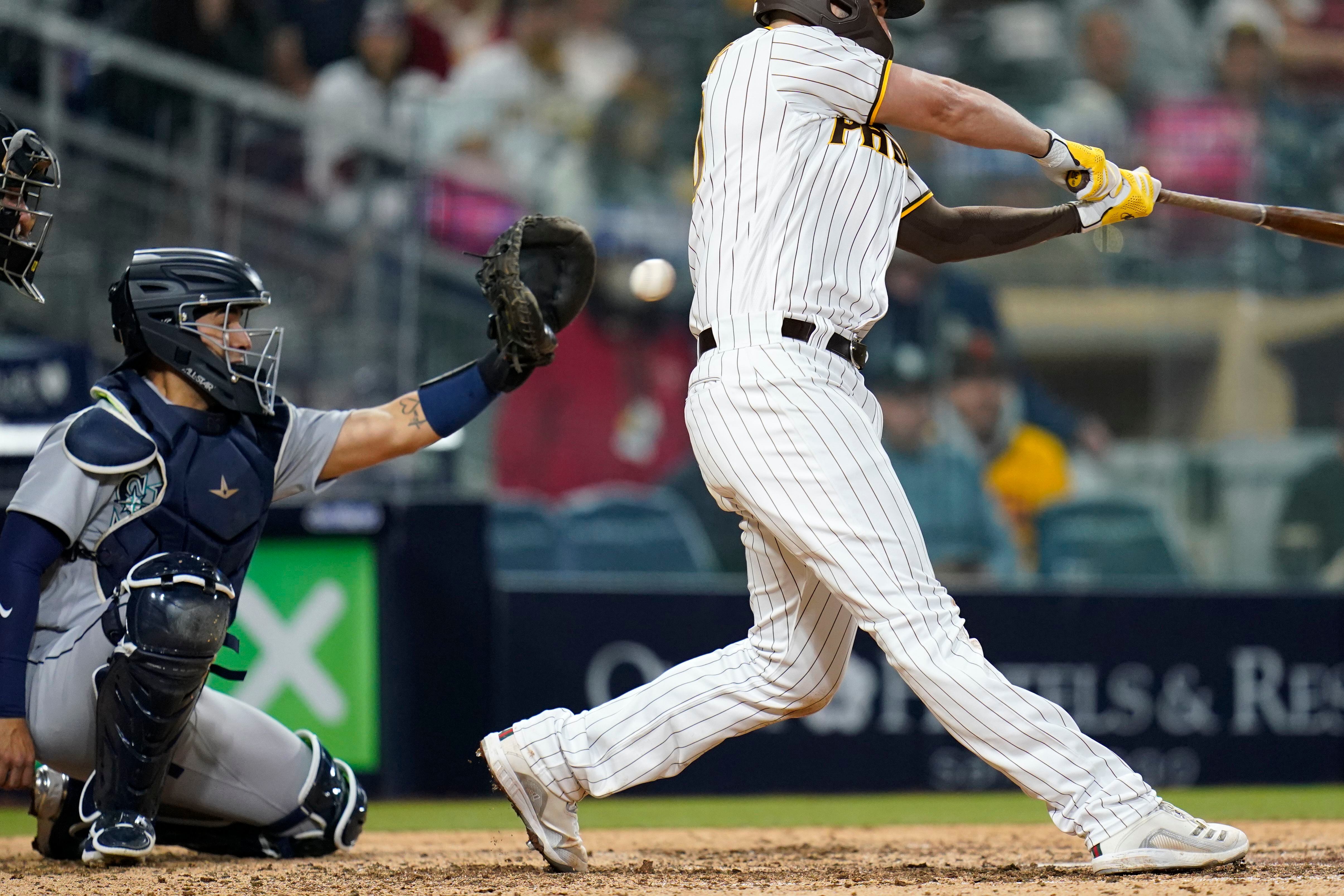 Seattle Mariners' Jose Godoy draws a walk during the ninth inning of a  baseball game against the San Diego Padres, Saturday, May 22, 2021, in San  Diego. When Godoy made his big