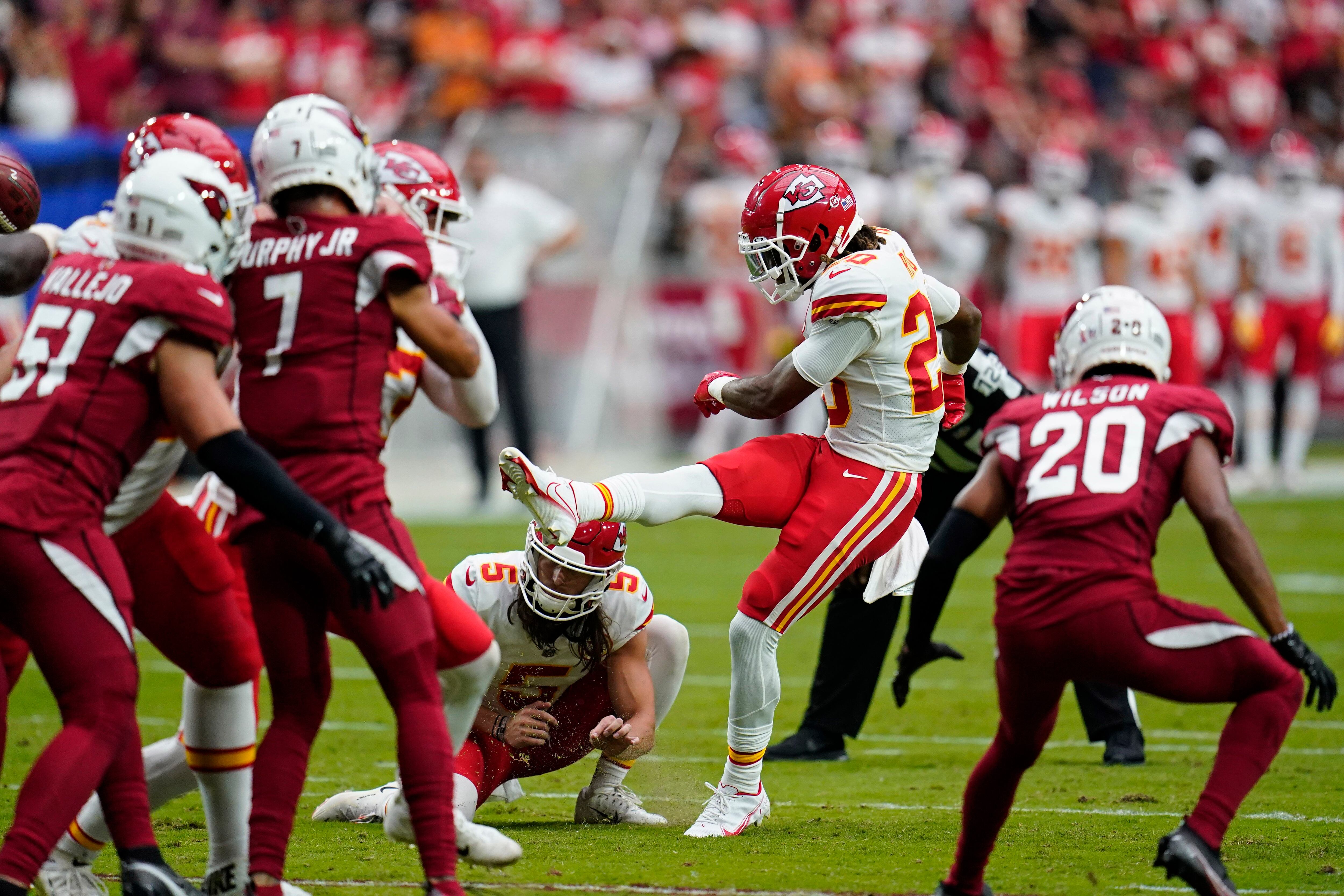 Kansas City Chiefs quarterback Patrick Mahomes (15) walks off the field  before their NFL football game against the Arizona Cardinals Sunday, Sept.  11, 2022, in Glendale, Ariz. Kansas City won 44-21 over