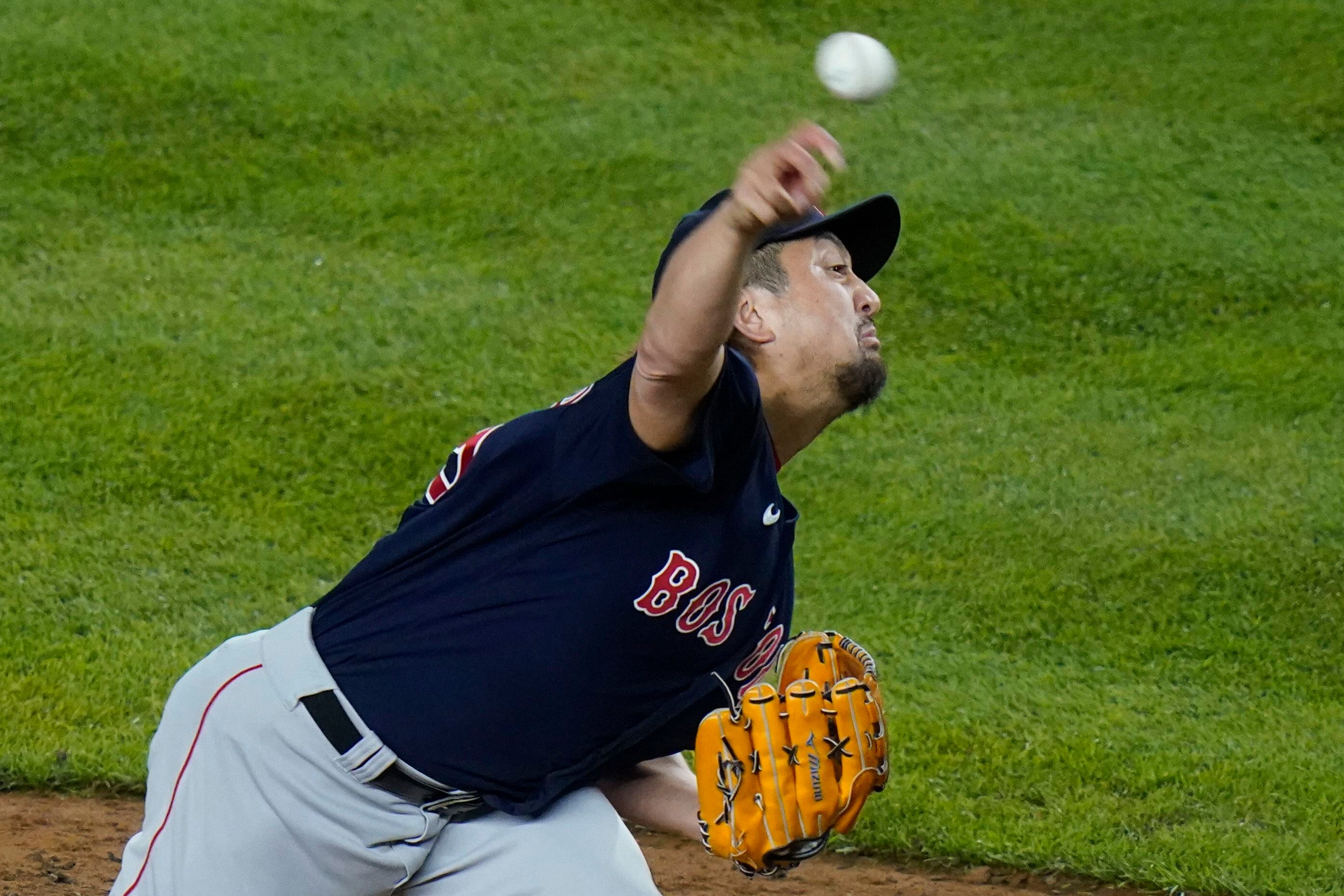 Boston Red Sox players, from left, Christian Vazquez, Xander Bogaerts, Matt  Barnes, Marwin Gonzalez and Rafael Devers celebrate after defeating the New  York Yankees during a baseball game, Friday, June 25, 2021