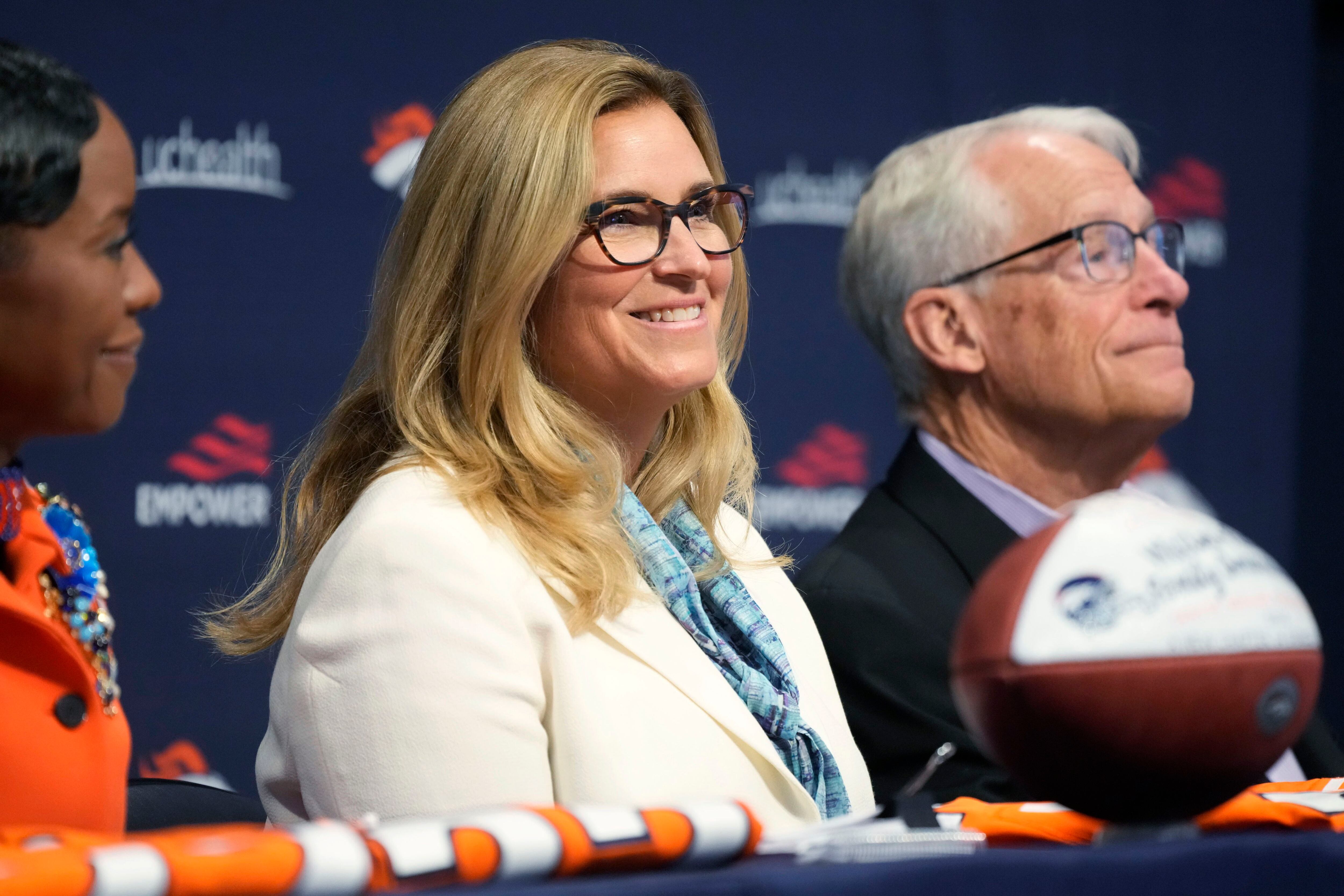 Gregory Penner, one of the members of the Walton-Penner Family Ownership  Group, talks during a news conference at the NFL football team's  headquarters Wednesday, Aug. 10, 2022, in Centennial, Colo. (AP Photo/David